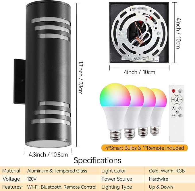 Smart Outdoor Wall Lights 2 Pack, Modern Up and Down Light Dusk to Dawn Outdoor Lighting Black Exterior Lighting Fixtures, Color Changing Porch Lights for Outside Decor, DIY Effects
