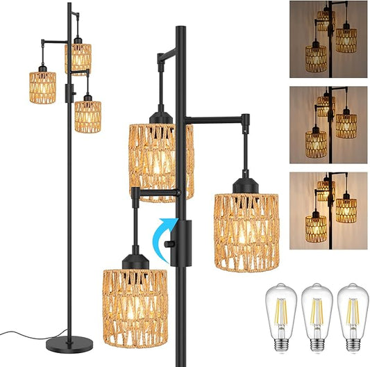 3-Light Boho Floor Lamp for Living Room, Rattan Wicker Standing Lamp Palm Tree Design, Farmhouse Coastal Floor Light with Woven Shade, Tall Bohemian Lamp