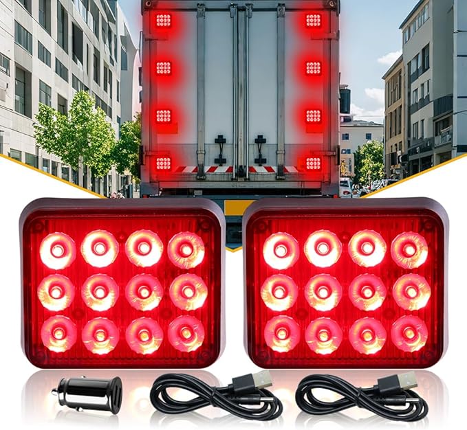 2PCS Magnetic Red Strobe Lights Rechargeable Flashing Emergency Beacon Safety Warning Lights Battery Powered Wireless Portable Magnetic Strobe Hazard Lights for Trucks Trailer Vehicles Car RV