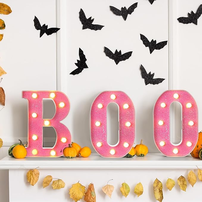 Baquler 3 Pcs Halloween Boo Decorations Light up Boo Sign Marquee LED Letters Lights Decor for Halloween Outdoor Home Room Kitchen Fireplace Tabletop Party Supplies (Pink)