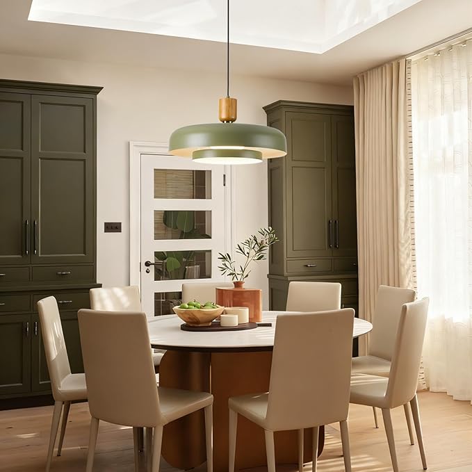 Mid Century Chandelier 19.68 inch, Natural Wood and Brass Accent,2 Layered Deep Green Shade,Large Pendant Ceiling Lights for Dining Room, Kitchen,Living Room