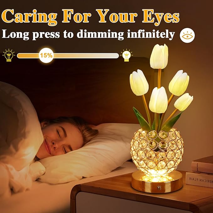 Birthday Gifts for Women/Mom Table Lamp, 3 Color Crystal Flower Bedside Lamps Infinitely Dimming with USB Charge Small Night Light,Nightstand Touch Lamp for Bedroom (A-White)