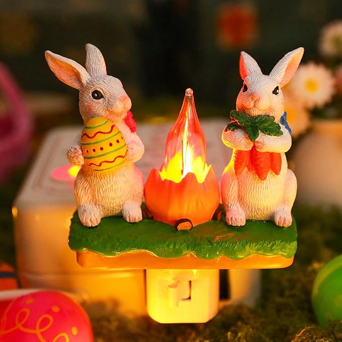 Bunny Campfire Flickering Nightlight, Rabbit Night Light Plug into Wall Easter Night Light with Switch Bunny Decor Easter Home Decorations