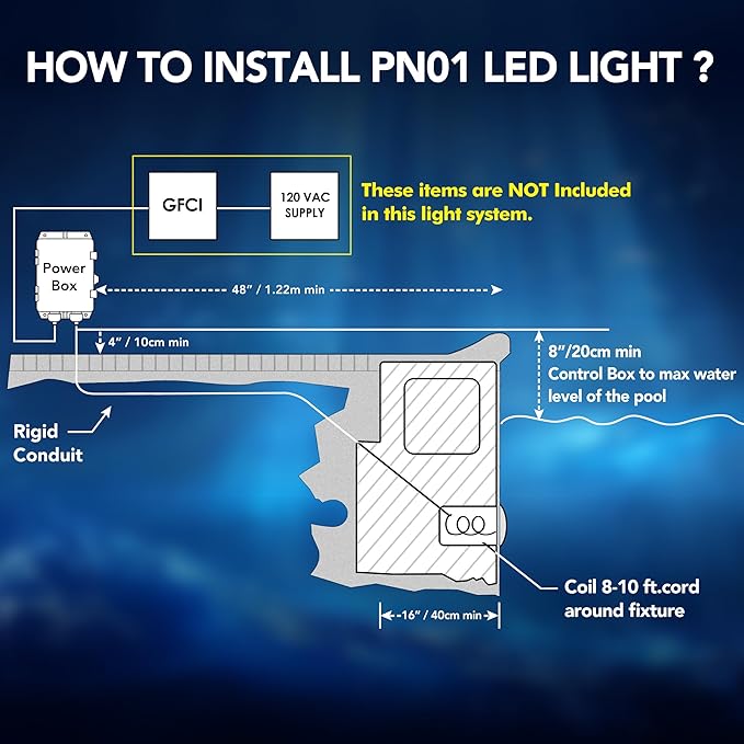 HQUA PN01 LED Inground Pool Lighting System 120V AC 10 Inch 40W, 6500K Cool White, 100 Feet Cord