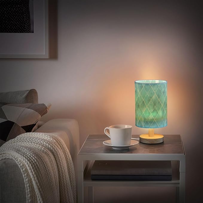 senya Table Lamp for Bedroom Living Room, Geometric Teal Turquoise Plaid Bedside Lamps with USB Charging Ports Nightstand Light Lamps