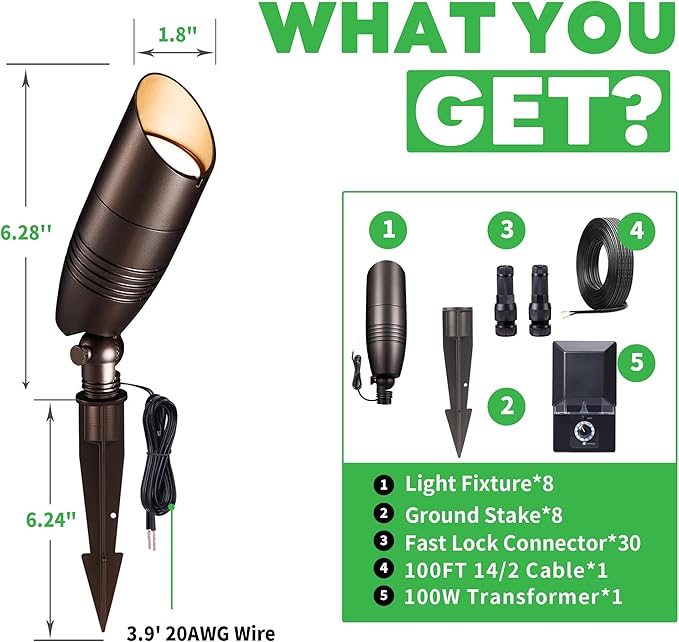 Outdoor Landscape Lighting Kit, with 8 Pack Spotlights and 100W Transformer and 100FT Cable and 30 Wire Connectors, 3CCT Aluminum ORB LED Spotlight for Porch Backyard Fence