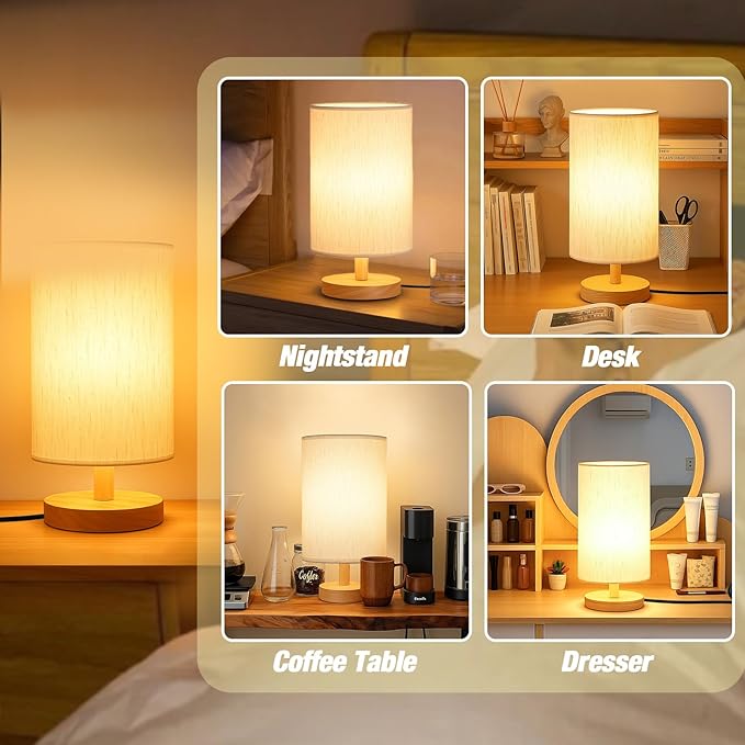 Desk Lamp LED Bulb Included, Small Bedside Table Lamp Plug-in - Classic Wood Base with Flaxen Fabric Shade, Lamps for Night Stands, Simple Nightstand Light for Bedroom, Office, Desk