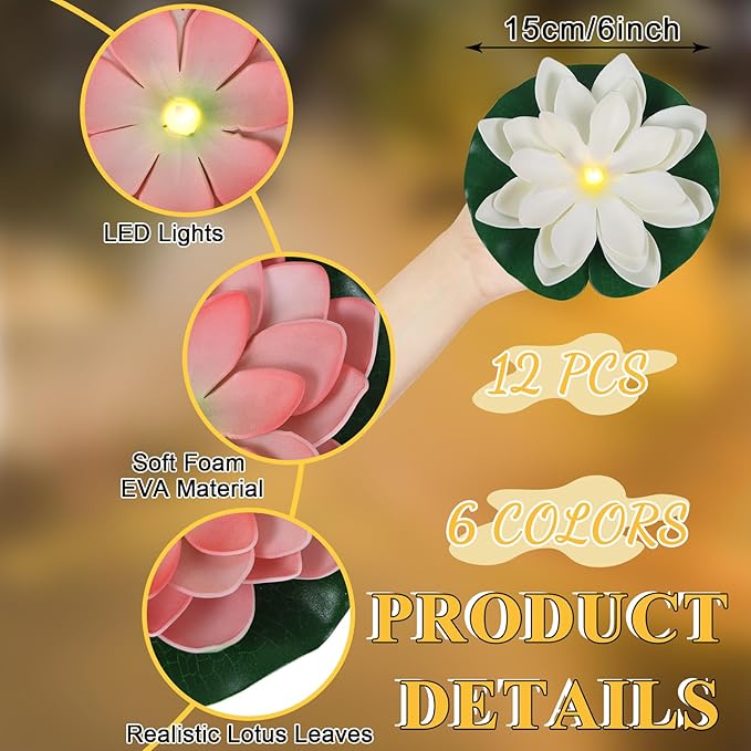LACGO Waterproof Floating Lotus Light, 12PCS Floating Lily Light Water Activated Artificial Flowers Battery Operated for Wedding Pool Anniversary Garden Decoration(6 Inch, Mix-Color)