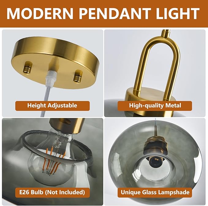 Gray Green Glass Pendant Lights Kitchen Island Gold Pendant Light Fixtures Adjustable Height Modern Pendant Lighting for Bedroom Dining Room (1-Pack)