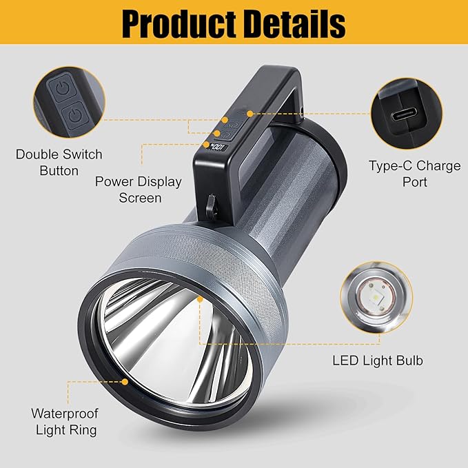 Rechargeable LED Flashlight with Power Display, 4 Light Modes, High Lumens Handheld Torch, Dual Switch, Waterproof Portable Flashlight for Camping, Hiking, Indoor and Outdoor Use (LK6018-White light)