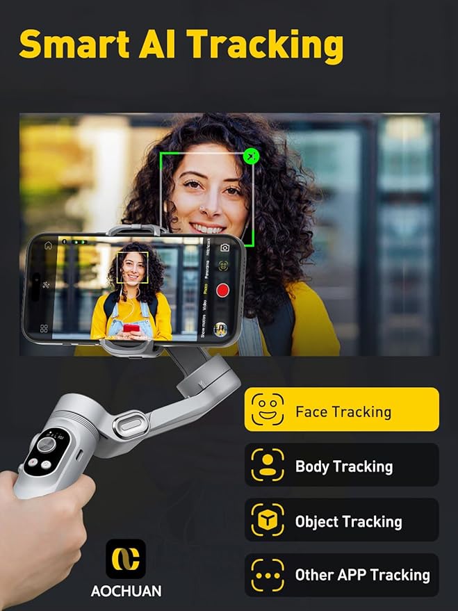 AOCHUAN Gimbal Stabilizer for Smartphone with Face/Object Tracking for iPhone 15 14 Pro Max Android,3-Axis Foldable Phone Gimbal w/Built-in Light,1/4 Threads for TikTok YouTube Vlogging(Smart X Grey)