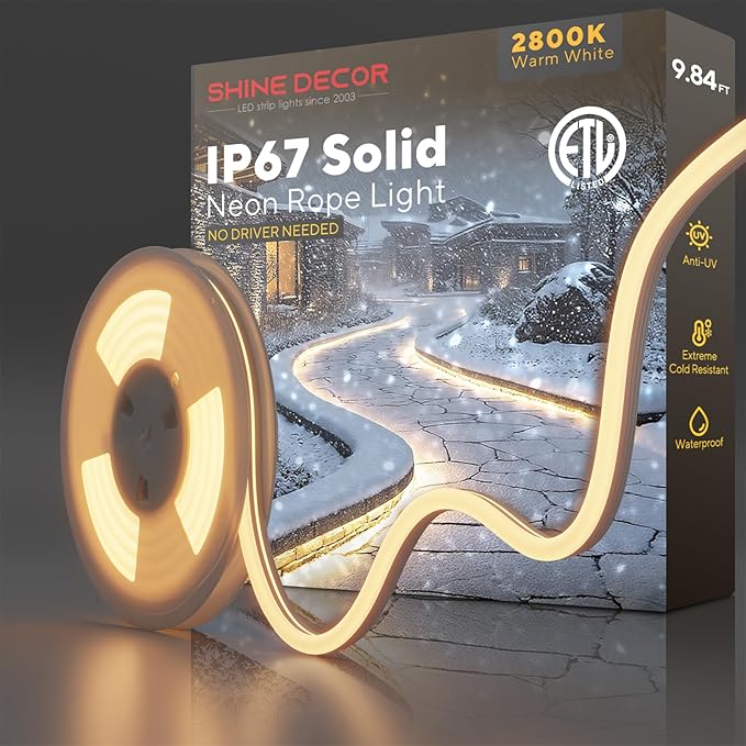 Shine Decor Outdoor LED Neon Rope Light, IP67 Waterproof Solid Silicone Enclosed Lighting Strip, ETL Listed Durable for -40F Extreme Cold Weatherproof, 120V No Driver Plug&Play 10ft 2800K Warm White