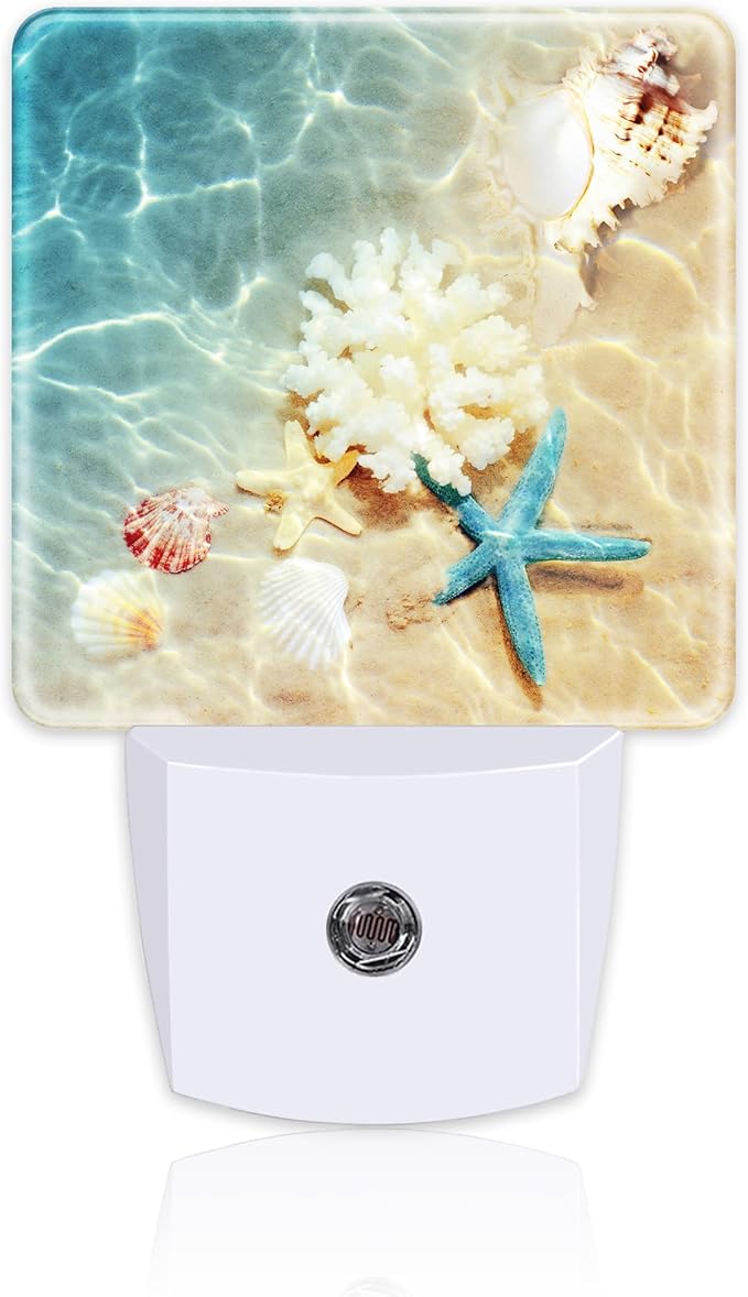 Starfishs Seashells and Coral Night Light, Summer Beach Sea Water Marine Life Dusk to Dawn Night Light Plug in,0.5w Energy Saving Sleep Friendly NightLight for Kids Boys Girls Home Decor