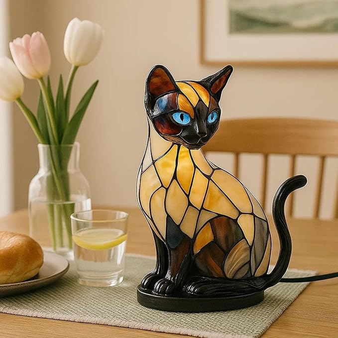Cat Lamp, Stained Glass Cat Lamp, Decorative Resin LED Night Light for Cat Lovers, USB Vintage 3D Table Lamp Cozy Glow for Desk & Mantel – Fun Gift for Pet Owners (Siamese Cat A)