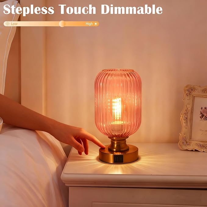 Mid Century Glass Table Lamp,Dimmable Desk Lamp,LED Bulb Included,Touch Control & USB A+C Port,Pink Ribbed Glass