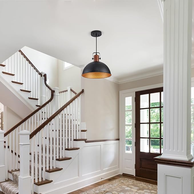 12 Inch Black Pendant Lights Hammered Matte Pendant Lights for Kitchen Island Industrial Farmhouse Adjustable Height Dome Hanging Light Fixtures for Barn, Dining Room 3 Packs