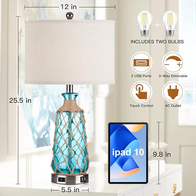 25.5" Coastal Glass Table Lamps Set of 2, 3-Way Dimmable Touch Control Bedside Lamps with 2 USB Ports and AC Outlet, Blue Nautical Nightstand Lamps for Bedroom Living Room (LED Bulbs Included)
