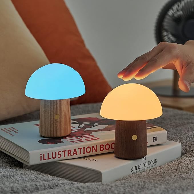 Gingko 7 Colour Changing RGB Alice Mushroom Lamp, Long Life Battery, USB-C Charging, 3 Light Modes, FSC Certified Wood with Frosted Glass, Touch Button Control (Mini, White Ash)