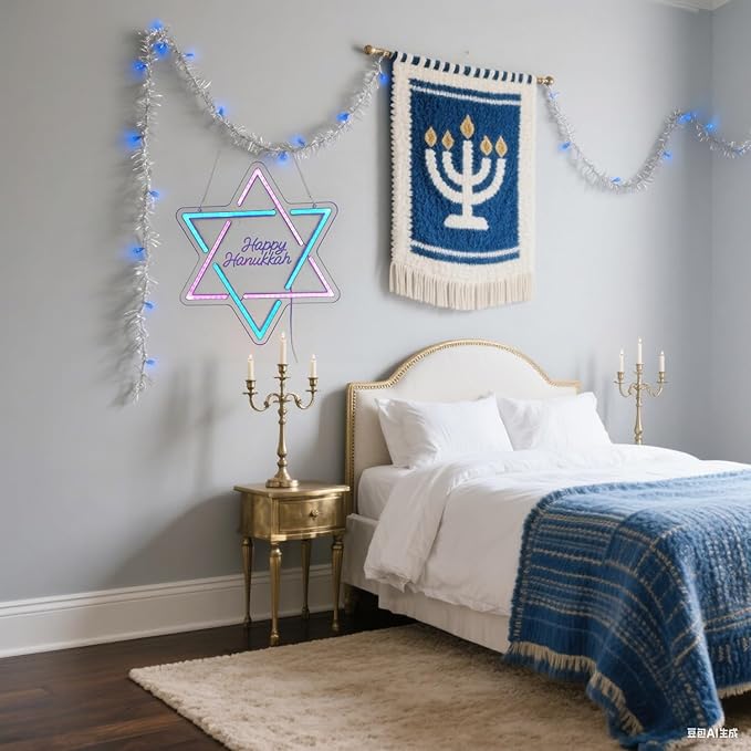Hanukkah Neon Sign, David Star Pink Blue Gradient LED Light with 'Happy Hanukkah' Lettering, Indoor Holiday Decoration for Home Party