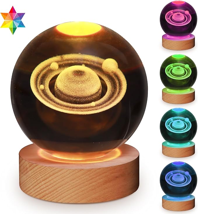 3D Crystal Ball Saturn Lamp,3.15inch Multi-Color Changing Bedroom Decor Night Light,Christmas Birthday Gifts for Boys, Girls