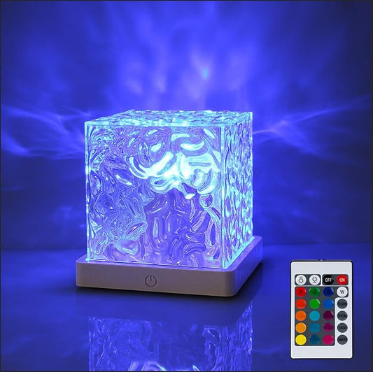 Northern Lights Cube Lamp Ocean Water Projector Luminorthe lumena Lights Cube Bedroom Decor 16 Colors Rotating Flame Remote Charging for Kids Adults