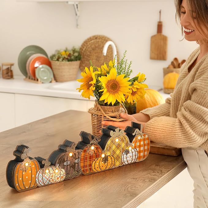 Yousoontic Thanksgiving Fall Pumpkin Decor Table Centerpieces Halloween Wooden Pumpkin Sign Decorations with LED Lights 3D Block Autumn Harvest Farmhouse Fall Decor for Home Mantel Desk Office Party