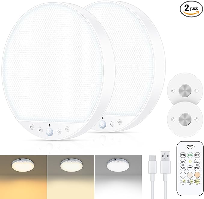Rechargeable 8W Motion Sensor Ceiling Light Indoor, Wireless Magnetic Stick-On, Remote Control for Color & Brightness, Battery Operated Light for Shower, Closet, Bathroom, Pantry, Hallway, 2-Pack