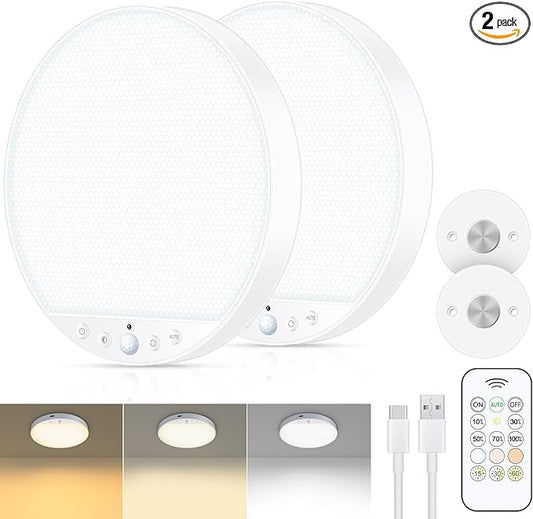 Rechargeable 8W Motion Sensor Ceiling Light Indoor, Wireless Magnetic Stick-On, Remote Control for Color & Brightness, Battery Operated Light for Shower, Closet, Bathroom, Pantry, Hallway, 2-Pack