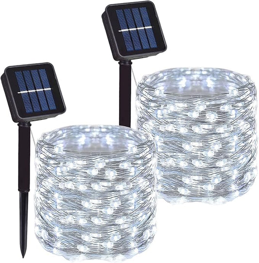 2 Pack Total 200 LED 66FT Solar Powered Copper Wire String Lights Outdoor, Waterproof, 8 Modes Fairy Lights for Garden, Patio, Party, Yard, Christmas (White)