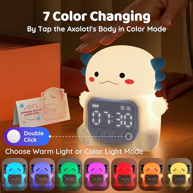 Axolotl Alarm Clock with Night Light for Kids, Rechargeable Silicone Lamp Time to Wake Clock Cute Animal Tabletop Lamp, Perfect Sleep Companion for Boys Girls, White