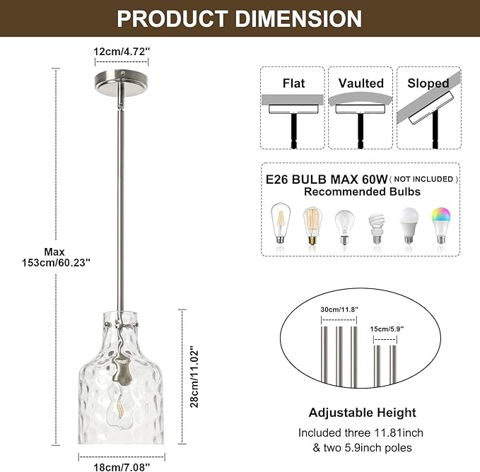 WILON Modern Glass Pendant Lighting for Kitchen Island, Farmhouse Pendant Lights for Dining Room Kitchen Sink, Adjustable Hanging Ceiling Light 7" Hammered Glass Shade, Brushed Nickel Metal Finish