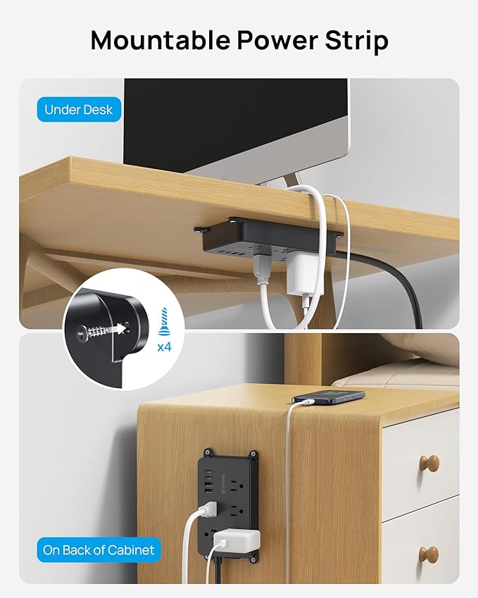 TROND Surge Protector Power Strip with 360° Rotating Plug, 10ft Extension Cord, ETL Listed, 5 Widely-Spaced Outlets with 4 USB Ports, 1300J Surge Protector, Wall Mountable, for Home Office, Black