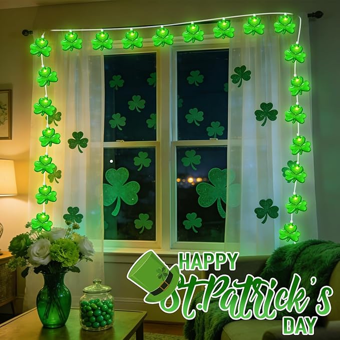 8.5FT Clear Green Shamrock Lights, St Patricks String Lights Outdoor Waterproof with 10 LED Light for rish Shamrock St Patrick's Day Party Indoor Home Garden Decorations