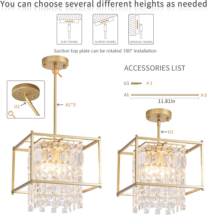 Gold Crystal Chandelier Industrial Pendant Light 11.81 inch Square 4 Lights Modern Vintage Semi Flush Mount Ceiling Light Fixture for Kitchen Island Dining Room Living Room Bedroom