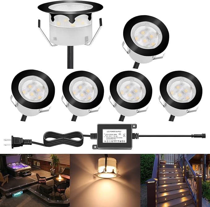 Led Deck Lights Outdoor Waterproof Low Voltage Stainless Steel 1W Outdoor Yard Garden Decoration Lamps Landscape Pathway Patio Step Stairs LED In-ground Lights Black Border(6pcs,Warm White)