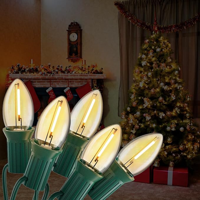 25FT C7 Christmas Lights Outdoor, Warm White LED String Lights with 25 Clear Bulbs for Roof Line, Fence, Xmas Trees Decor, Green Wire