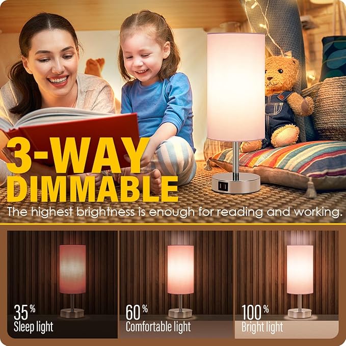 Yarra-Decor Bedside Lamp with USB Port - Touch Control Table Lamp for Bedroom 3 Way Dimmable Nightstand Lamp with Round Pink Fabric Shade for Living Room, Dorm, Home Office (LED Bulb Included)