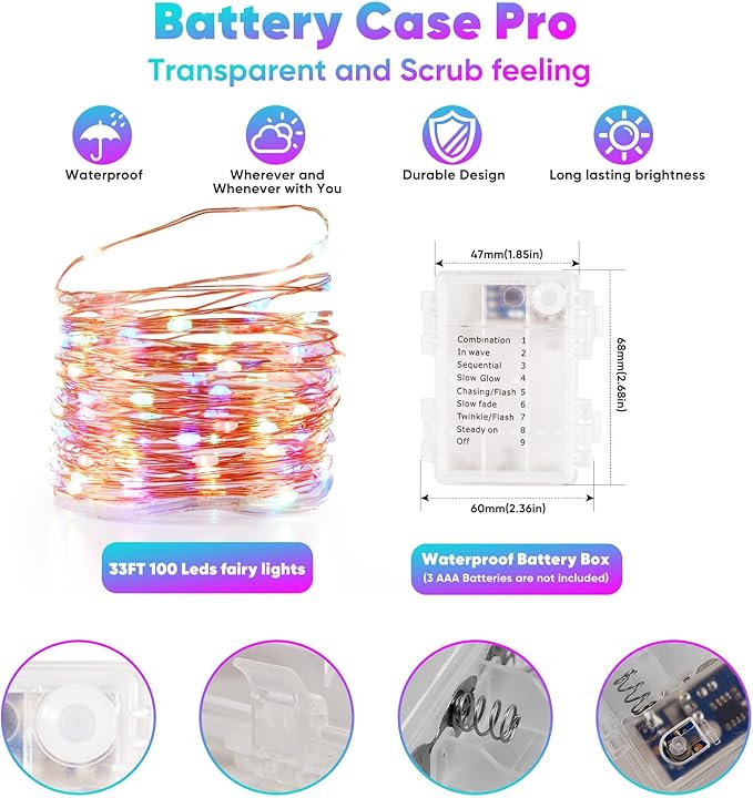 1 Pack 32.8 Ft. Battery Operated Outdoor String Lights with Remote & Timer, LED Multi Color Fairy Lights, Waterproof Twinkle Lights for Bedroom, Dorm, Mason Jar, Wedding, Party, Christmas