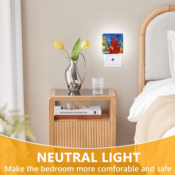 Red Octopus Night Light, Fish Sea Plug-into Nightlight White LED Lamp, Energy Efficient Decor Desk Lamp for Bedroom Hallway Stairs Bathroom
