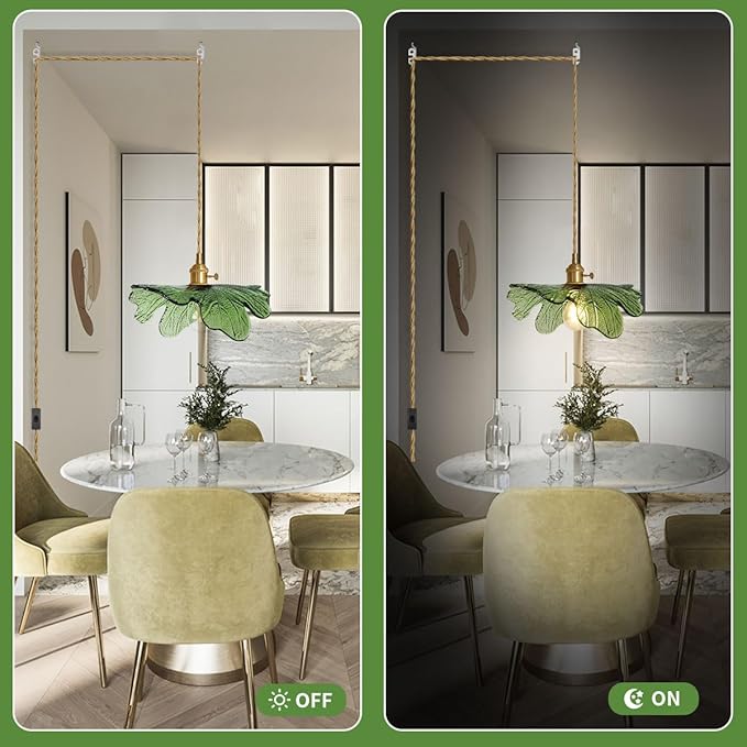 Plug in Pendant Light Green Glass Pendant Lighting 14.75ft Hanging Light with Plug in Cord 1-Light Hand Blown Brass Pendant Light Plug in Hanging Lamp for Kitchen Bedroom Living Dining Room