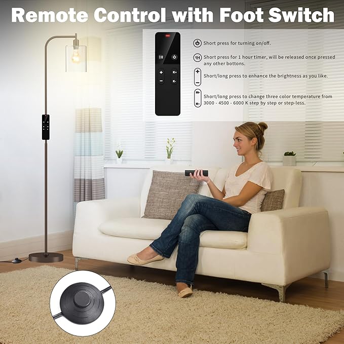 Industrial Floor Lamp with Glass Shade, Modern Dimmable Floor lamp with Remote LED Bulbs, Tall Lamp for Living Room Corner, Bedroom, Office (Bronze)