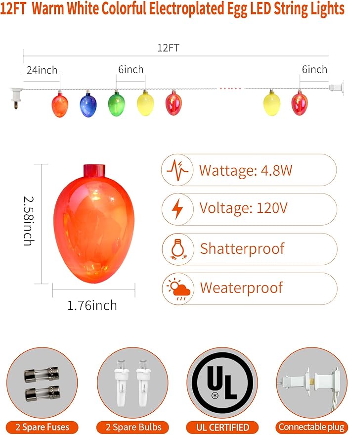 UL 12FT Connectable Easter Lights, 20 LED Electroplated Vintage Eggs,Outdoor Waterproof String Lights, Warm White Multicolor, Patio Garden Window Decor