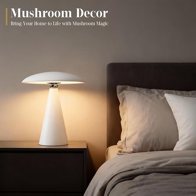 Mushroom Aesthetic Cute Lamp,Magnetic Mid Century Modern Lamp with 3-Mode Lighting for Unique Home Mushroom Decor,Cordless USB Rechargeable Lamps for Bedside/Dorm/Office/Entryway Decor(White)