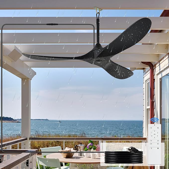 Outdoor Ceiling Fan no Light Waterproof - Plug in Hanging Hook for Patio, Porch, Gazebo - 42 inch Wet Rated Weatherproof Exterior Black 3 Blades Ceiling Fan with Remote