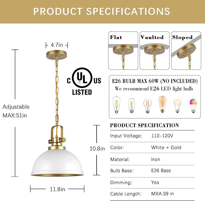 Modern White and Gold Pendant Lights,11.8" Vintage White Gold Pendant Light Fixtures Iron Dome Lighting Hanging Ceiling for Kitchen Island Dining Room Restaurant Bedroom Farmhouse Entrance