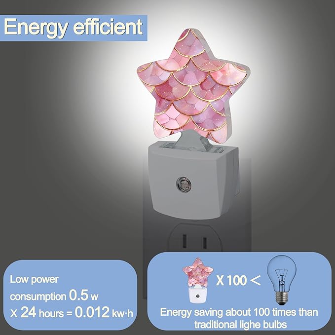 Pink Mermaid Night Light,Fish Scales Marble Plug-in Star Night Lights with Dusk-to-Dawn Sensor for Bedroom,Bathroom,Living Room Sleep Friendly Lamp for Women Girls Boys Gift,0.5W
