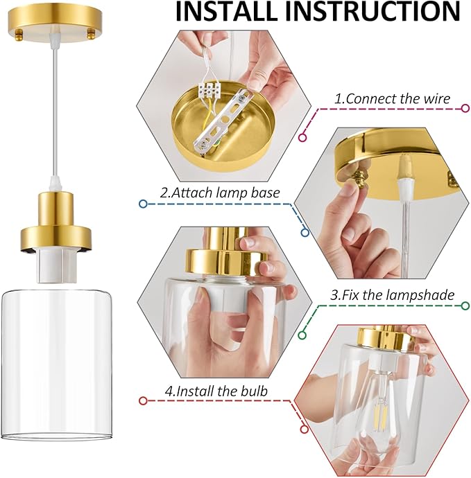 Industrial Pendant Lighting, Modern Clear Glass Shade Pendant Lights, Adjustable Hanging Light Fixtures, Farmhouse Pendant Lighting for Kitchen Island Living Room Bedroom Hallway 3-Pack (Gold)