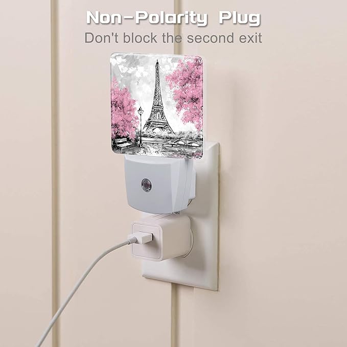 Pink Cherry Blossoms Tree and Eiffel Tower Night Light Plug into Wall,Modern Art Floral Oil Painting Dusk to Dawn Night Light,0.5w Energy Saving Nightlights for Kids Boys Girls Home
