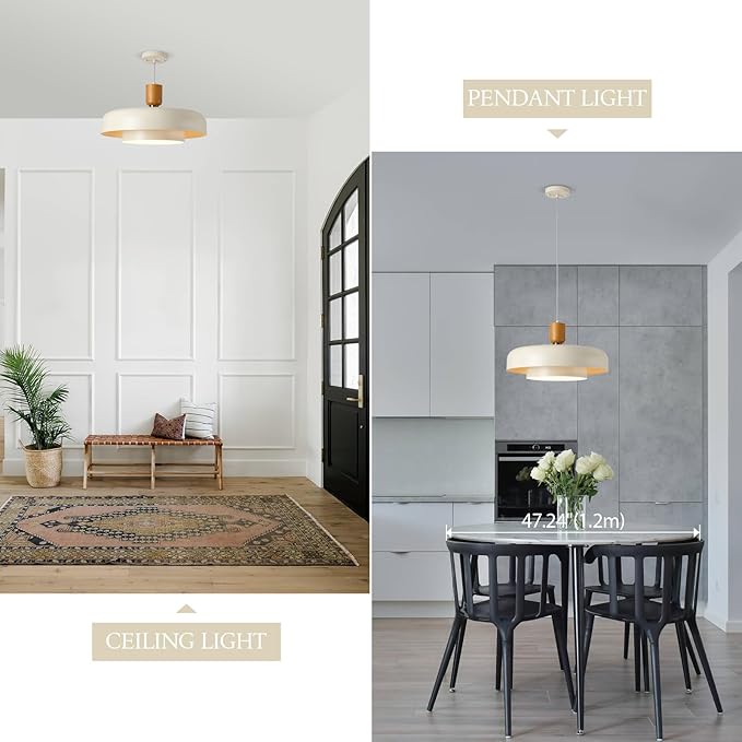 Modern Large Pendant Light 19.68 inch, 2 Tiers Soft Cream Shades, Natural Wood and Brass Accent, Mid Century Chandelier for Dining Room, Living Room