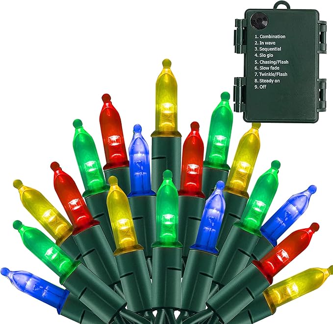 NEROSUN Multi-Colored Battery Operated Christmas Lights, 50 LED 16FT Waterproof String Christmas Tree Lights with 8 Modes, Xmas Decorations for Indoor Outdoor Yard Wedding Home Decor